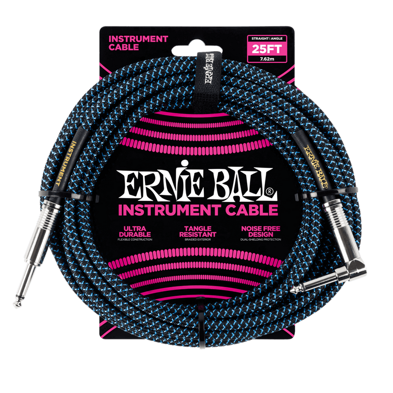 Ernie Ball P06060 Braided Straight to Right Angle Instrument Cable - 25 foot Black/Blue