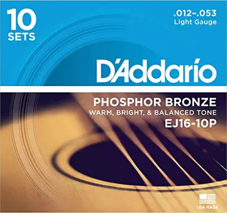 D'Addario EJ16-10P Phosphor Bronze Acoustic Guitar Strings - .012-.053 Light (10-pack)